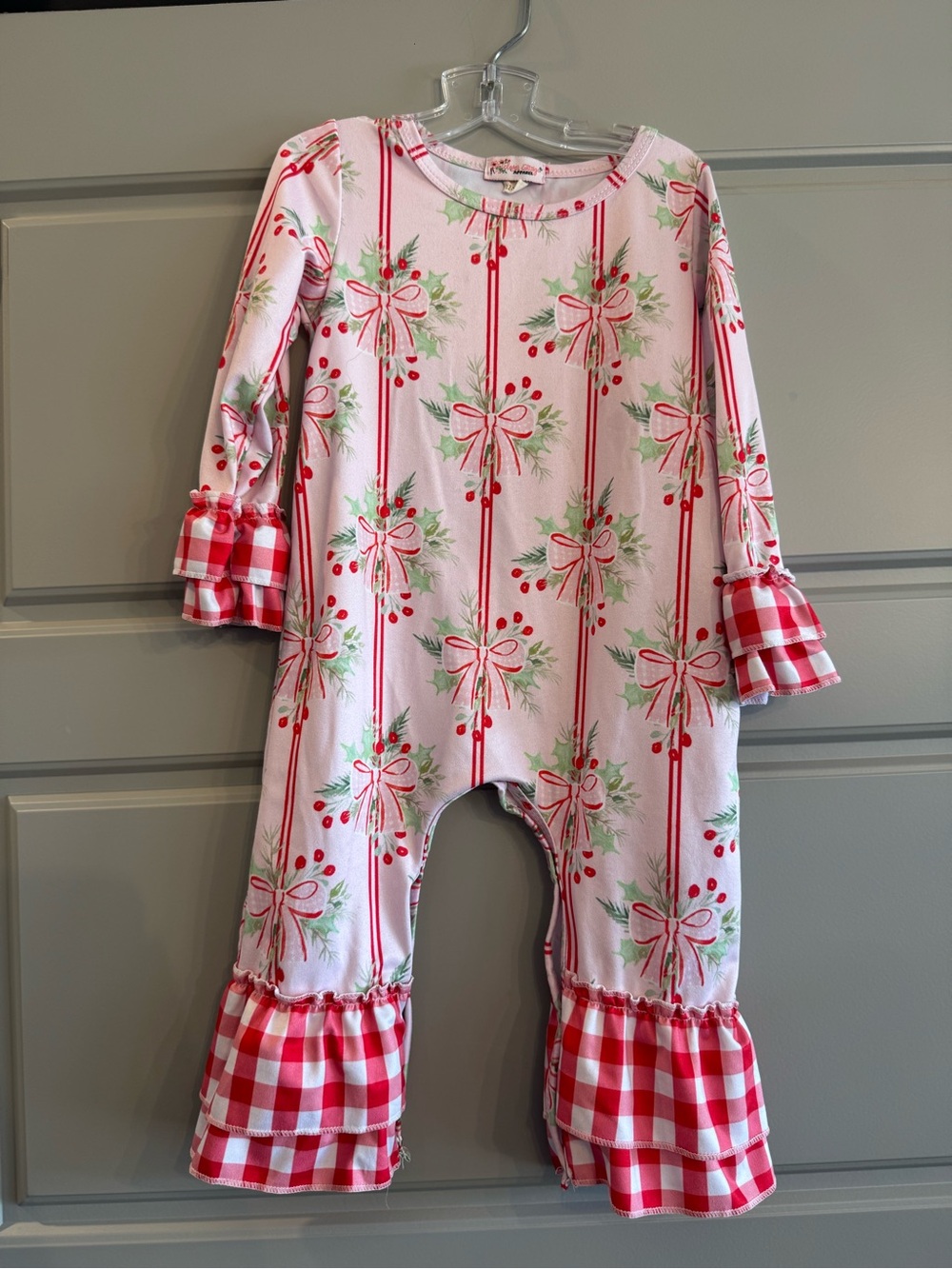 Pink and Red Christmas holly Bow Print Ruffle one piece